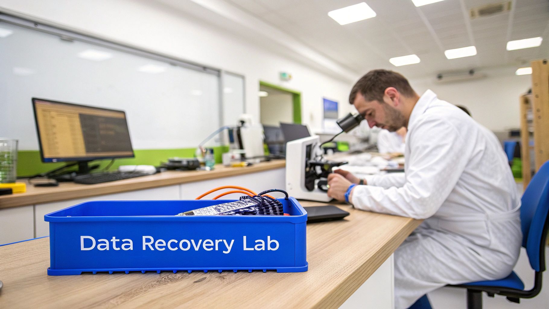 A technician in a lab coat works on a data recovery task with a microscope in a clean room.