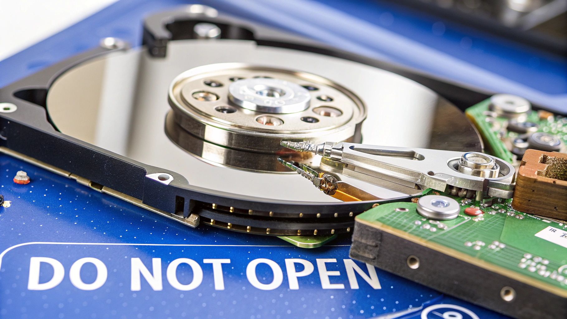 Internal view of a disassembled hard disk drive with exposed platters and read/write heads.