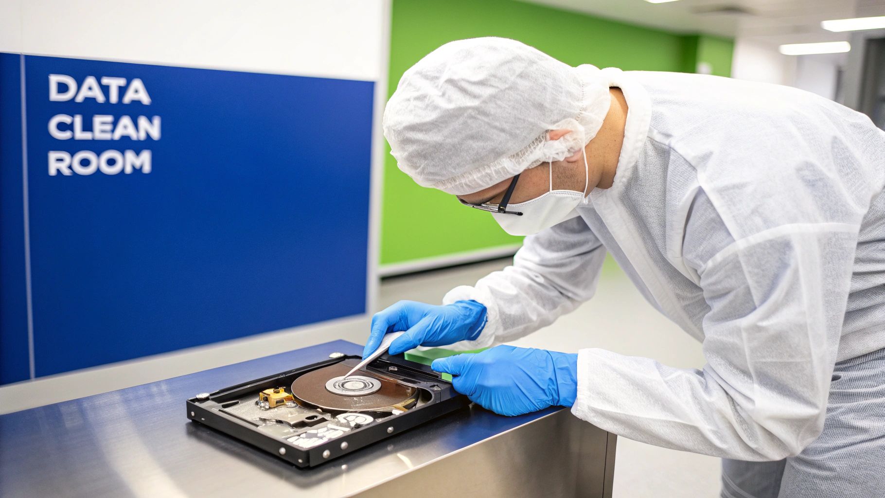 A technician in a cleanroom suit meticulously works on an open hard drive in a data clean room.