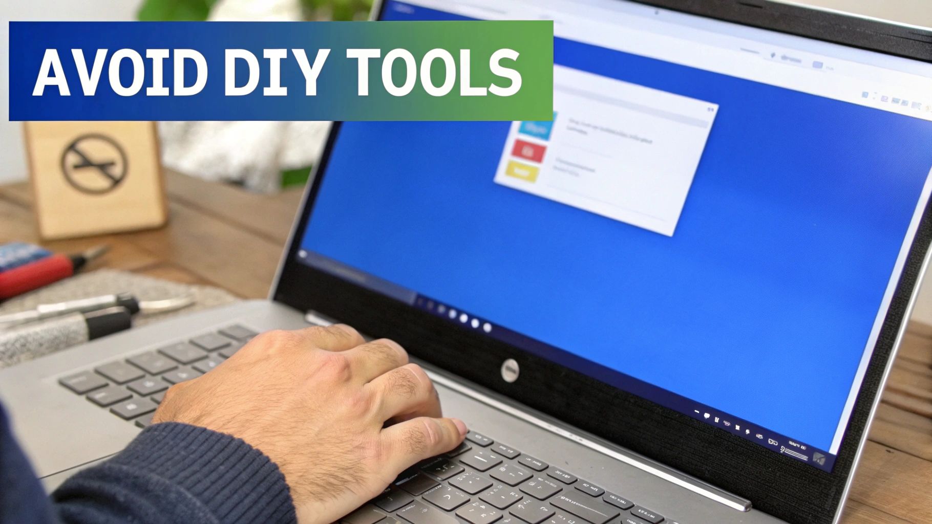 Person typing on a laptop, with a banner saying 'AVOID DIY TOOLS' prominently displayed.