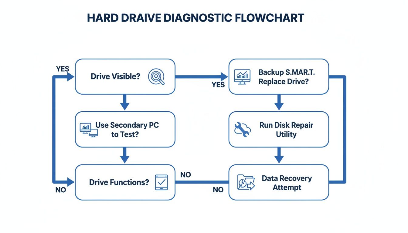 Flowchart illustrating the diagnostic process for a hard drive, including visibility, testing, repair, and data recovery steps.