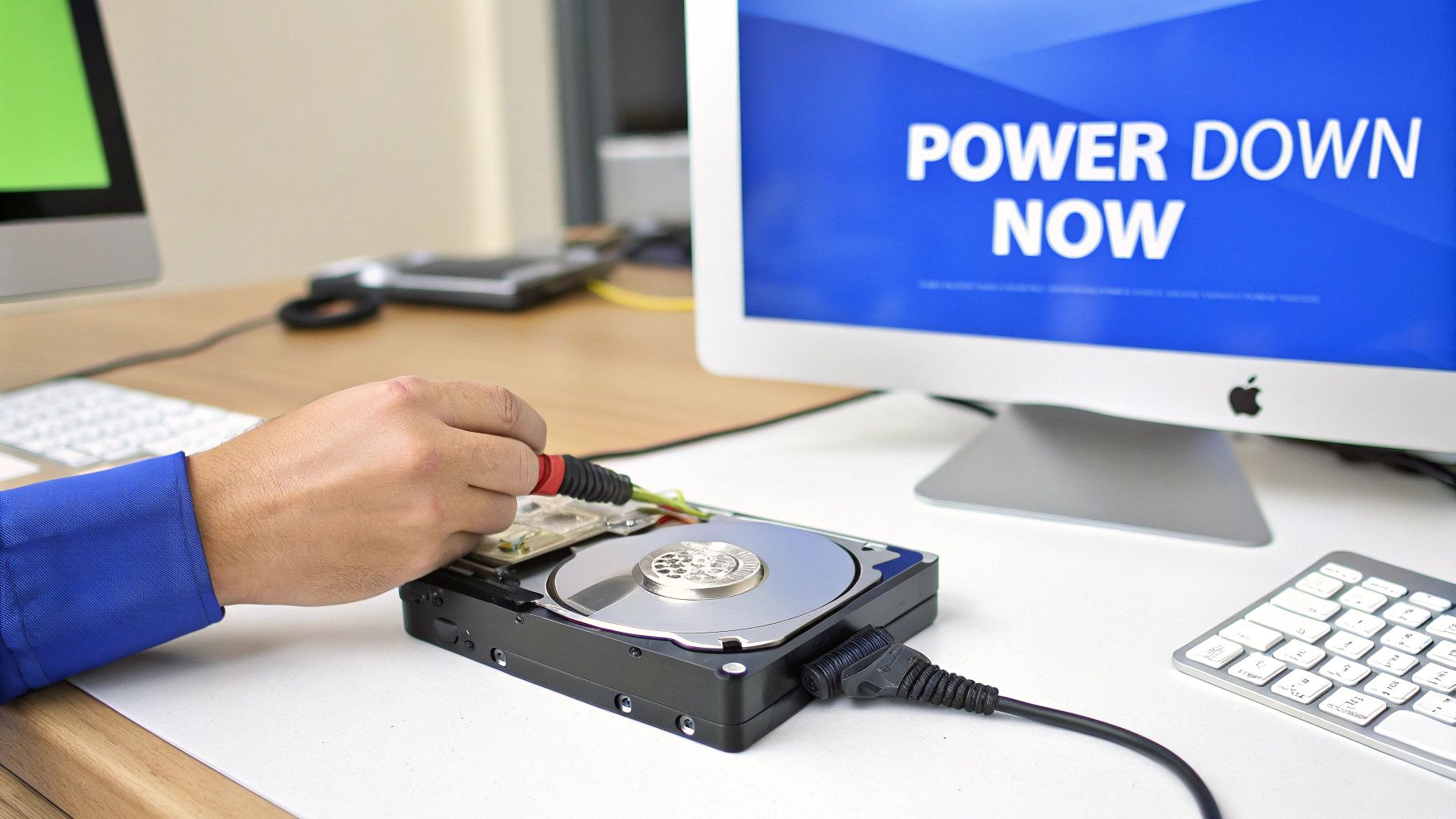 A technician's hand works on an open hard drive next to computer screens, one showing 'POWER DOWN NOW'.