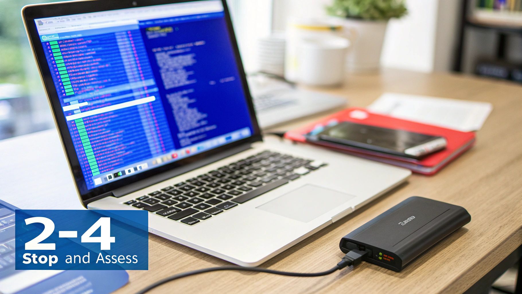 A laptop displaying code, connected to an external hard drive, next to a smartphone on a desk.