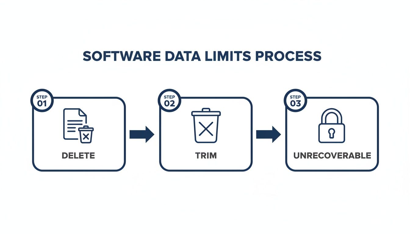 A flowchart illustrating the software data limits process in three steps: Delete, Trim, and Unrecoverable.