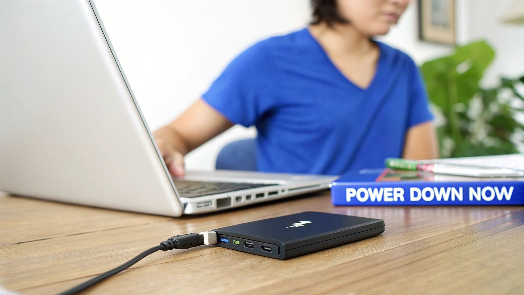 A person works on a silver laptop with an external portable SSD connected on a wooden desk.