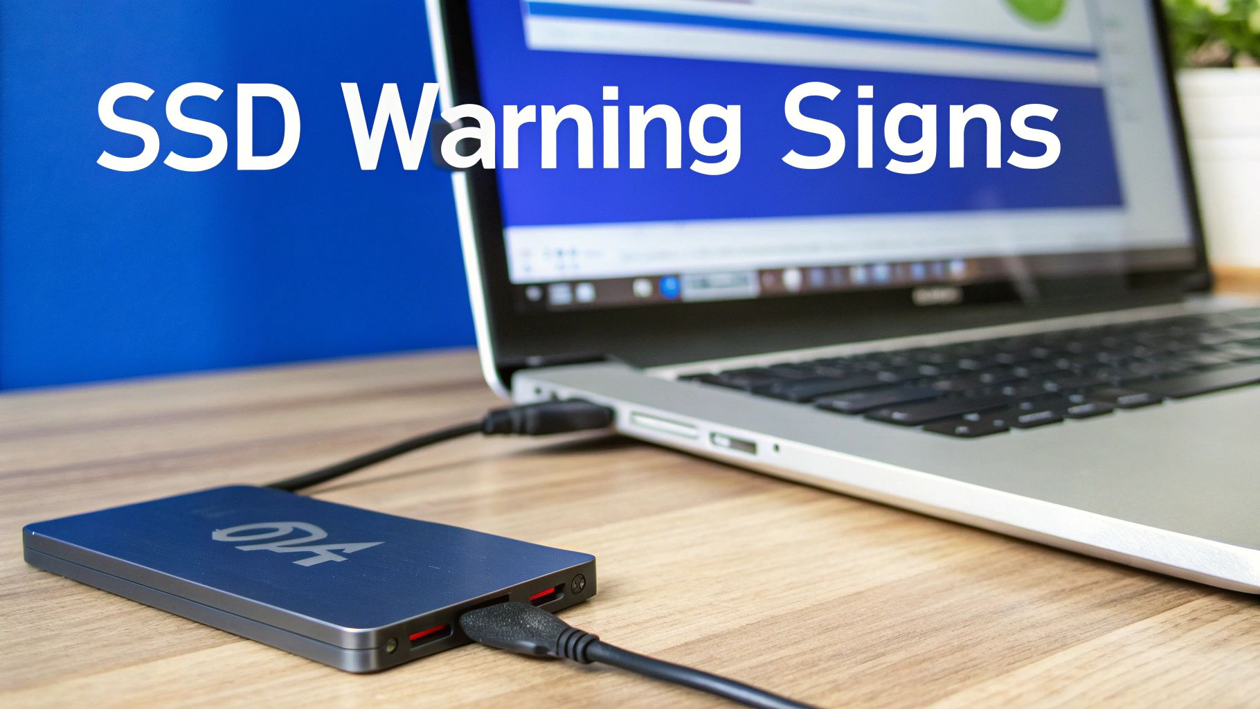 A laptop connected to an external SSD drive, with the screen displaying 'SSD Warning Signs'.