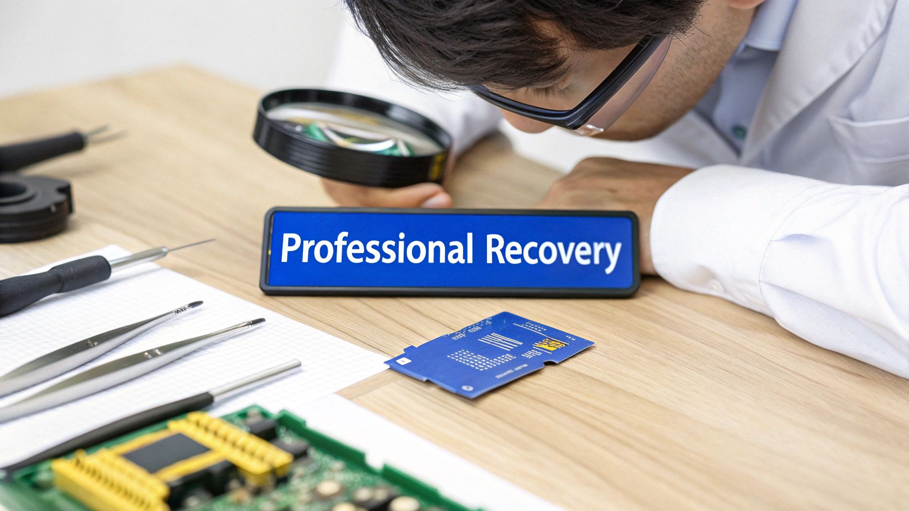 A technician in a lab coat examines a circuit board with a magnifying glass, next to a 'Professional Recovery' sign.