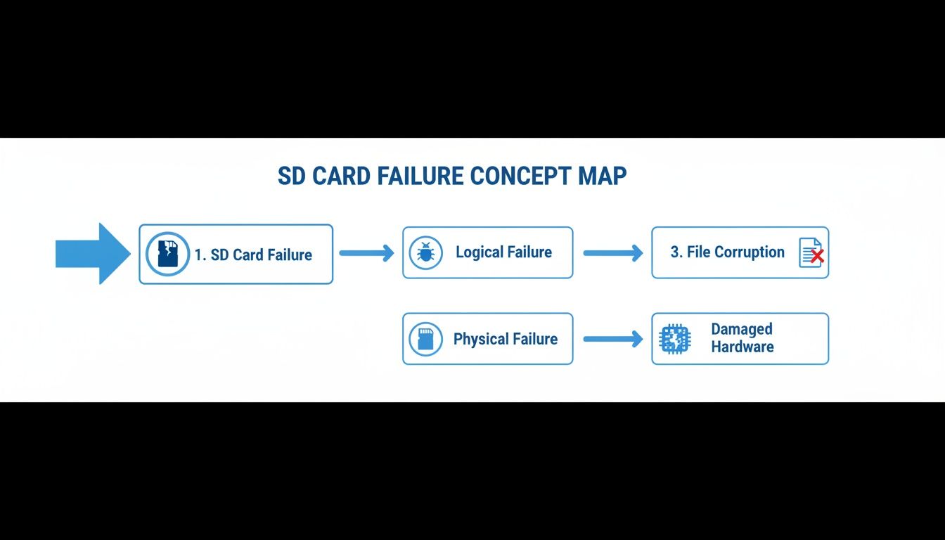 Diagram showing SD card failure causes: logical failure leading to file corruption, and physical failure causing damaged hardware.