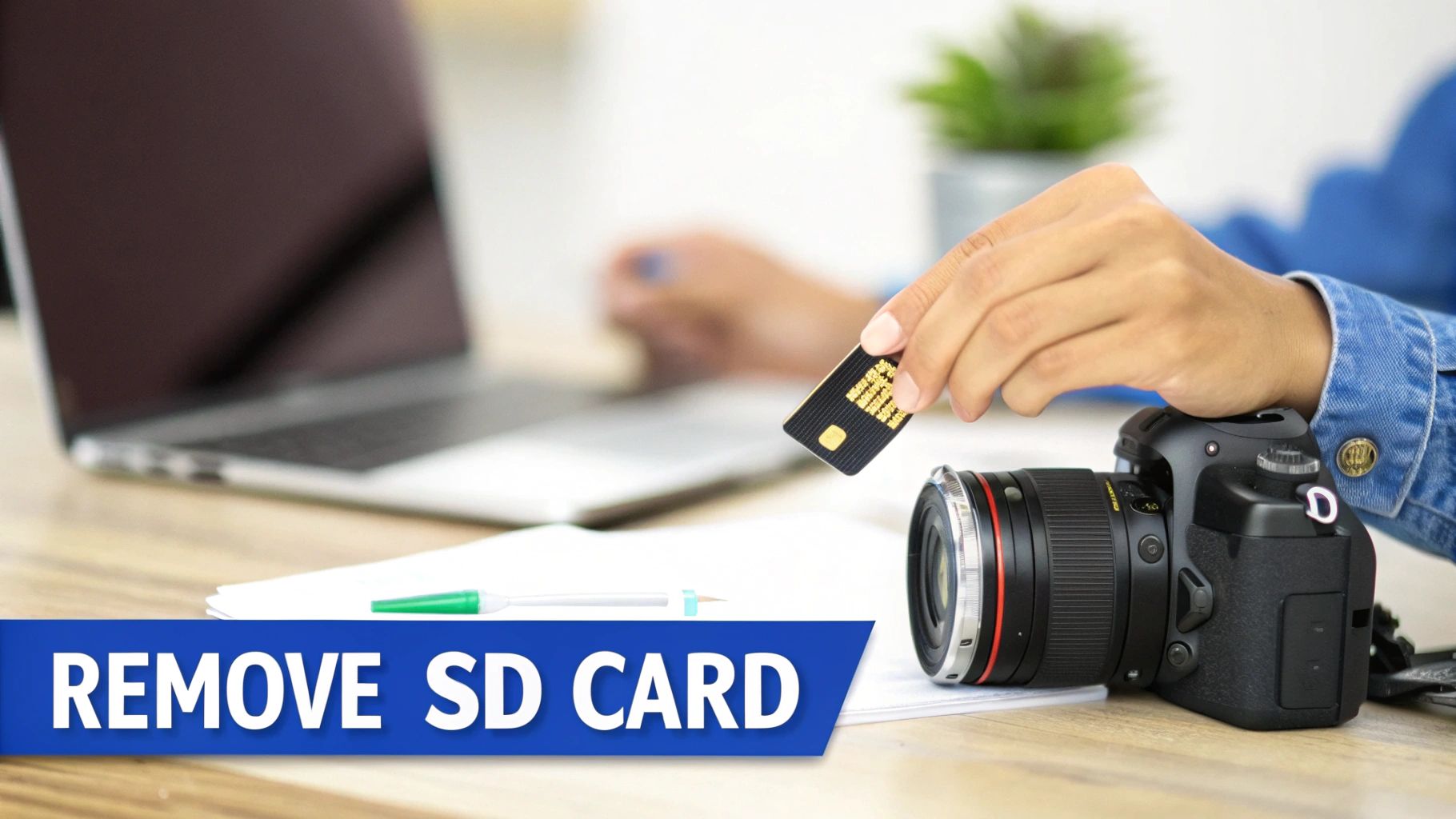 A person's hand holds a micro SD card, preparing to insert or remove it from a DSLR camera.