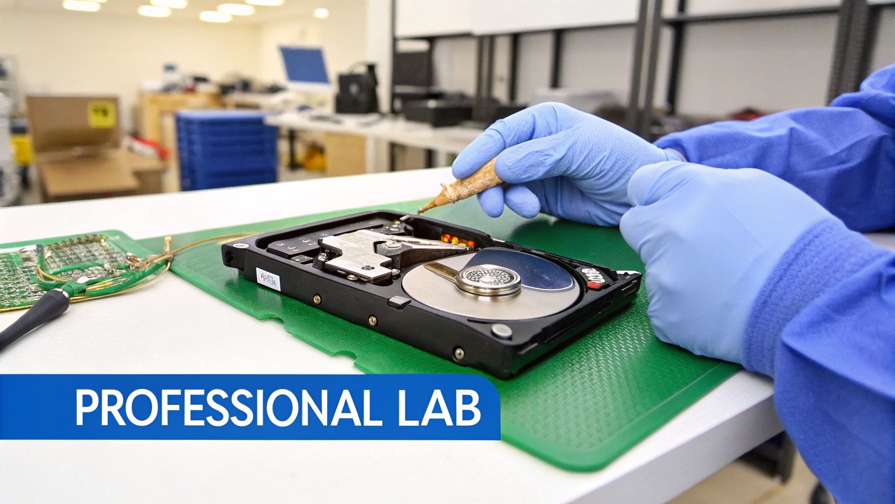 A technician in blue gloves meticulously repairs an open hard drive on a green mat in a professional lab.
