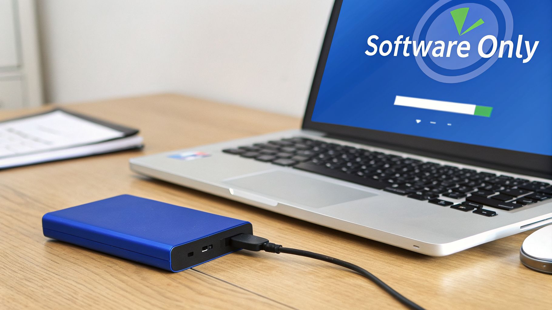 An external blue hard drive connected to a silver laptop, displaying software update progress on screen.