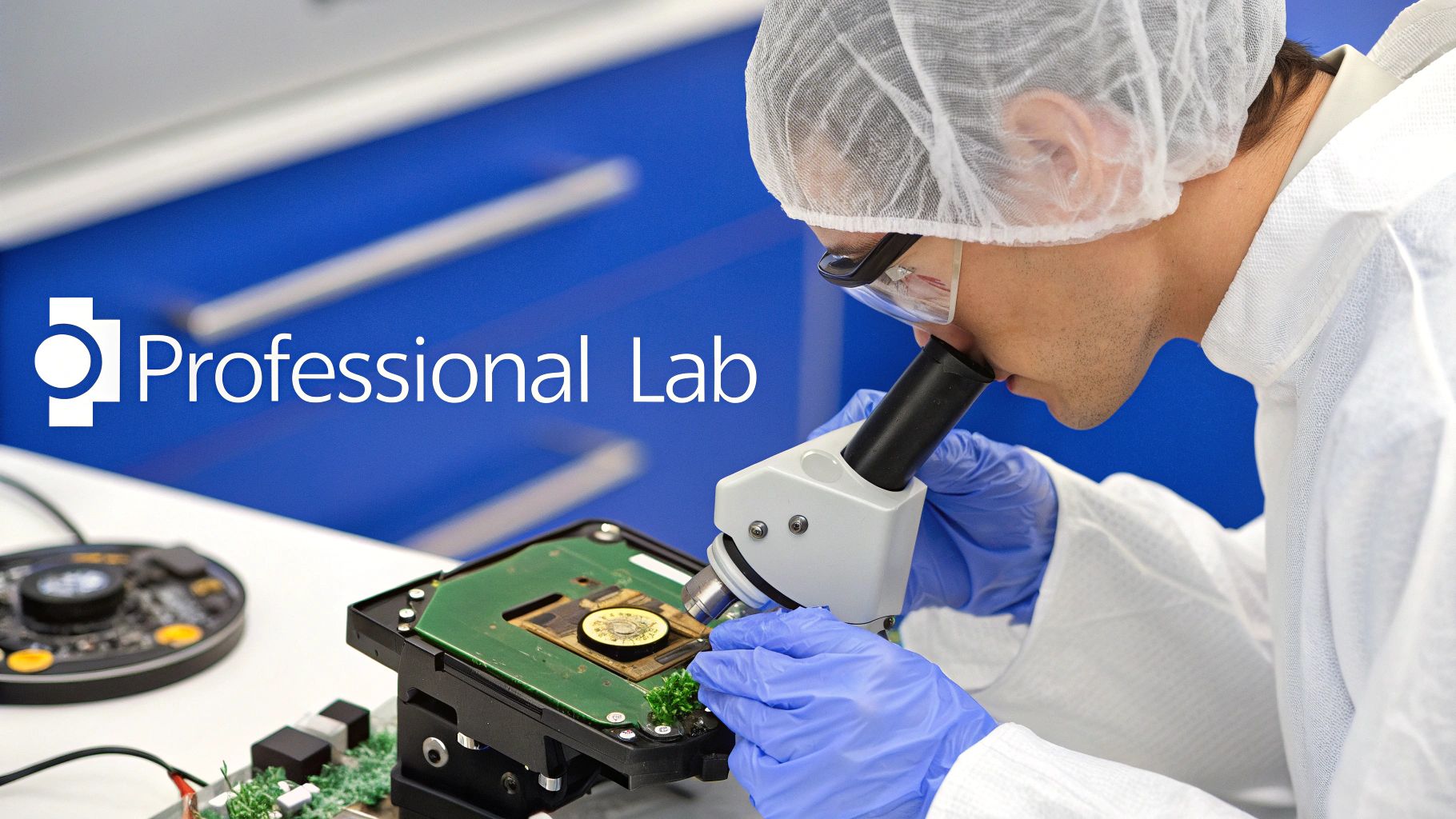 A technician in a professional lab examines electronic components under a microscope.