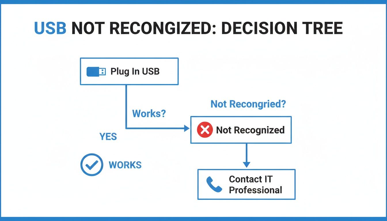 Decision tree flowchart for a USB not recognized issue, guiding users to plug in the USB and contact IT if it's not recognized.