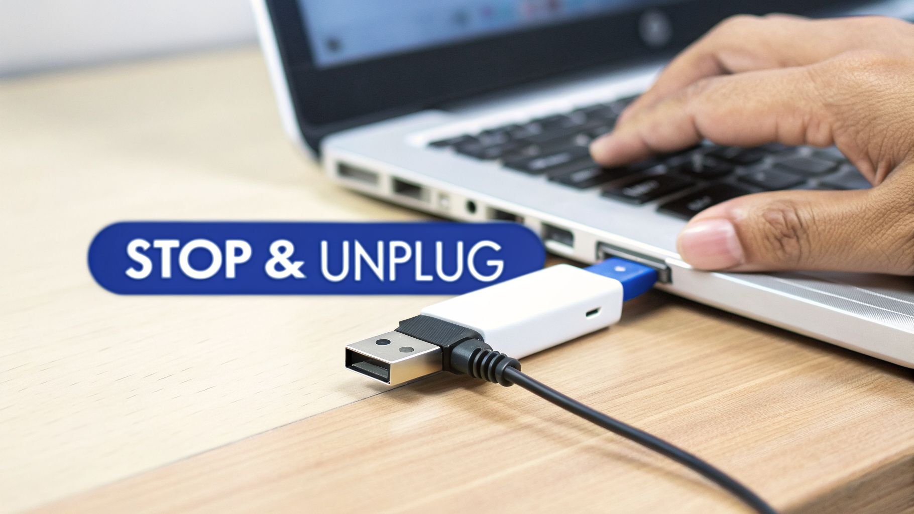 Hand typing on a silver laptop with a white USB flash drive plugged in, and a 'STOP & UNPLUG' banner.
