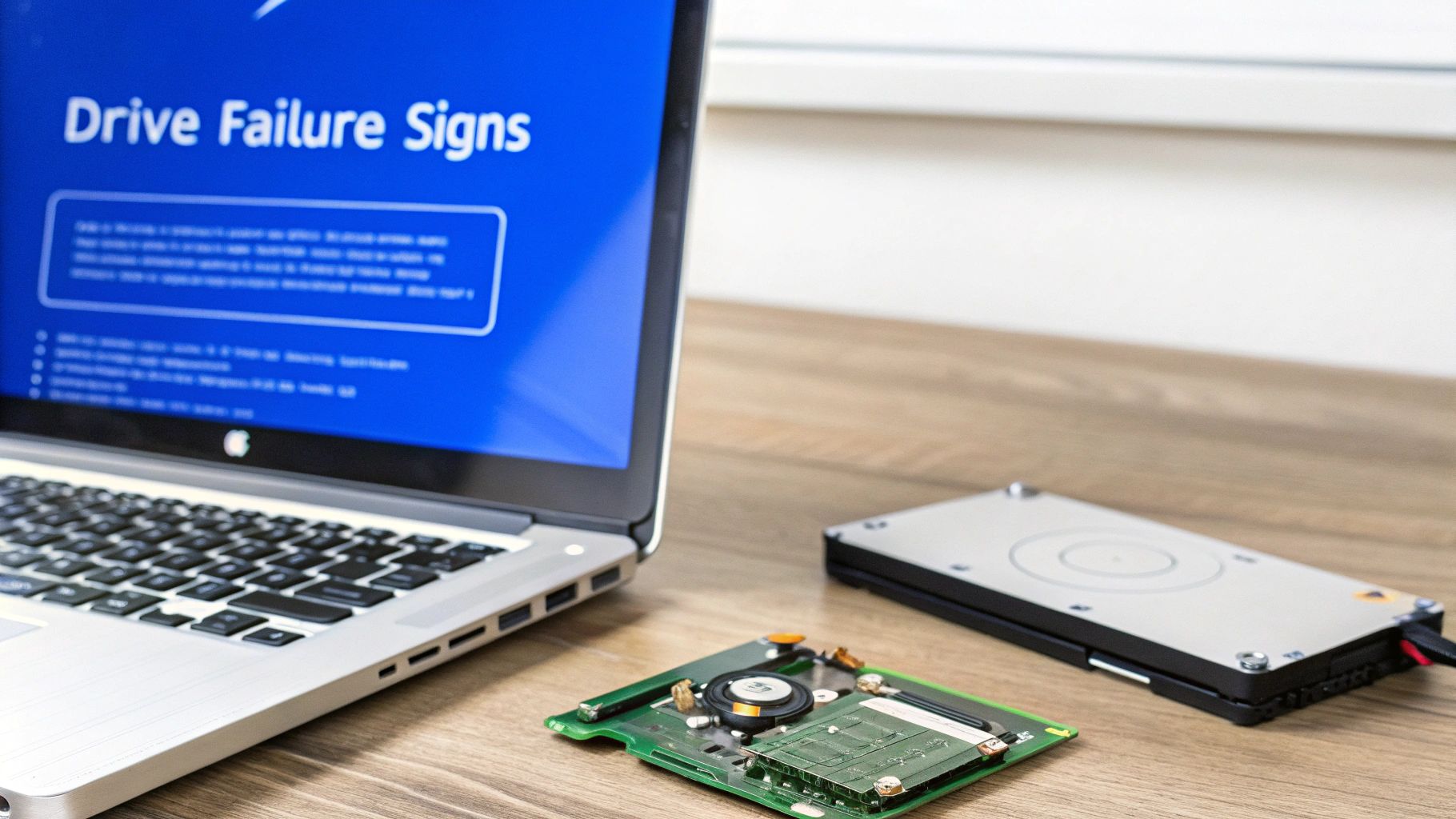 A laptop displaying 'Drive Failure Signs' on screen, with a disassembled hard drive and an external hard drive on a desk.
