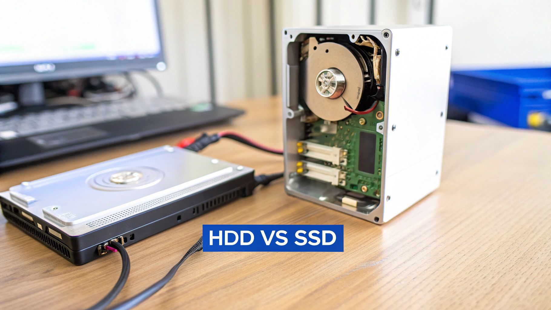 Two external storage drives on a wooden desk, one exposed showing a hard drive platter, with a laptop in the background, illustrating HDD vs SSD.