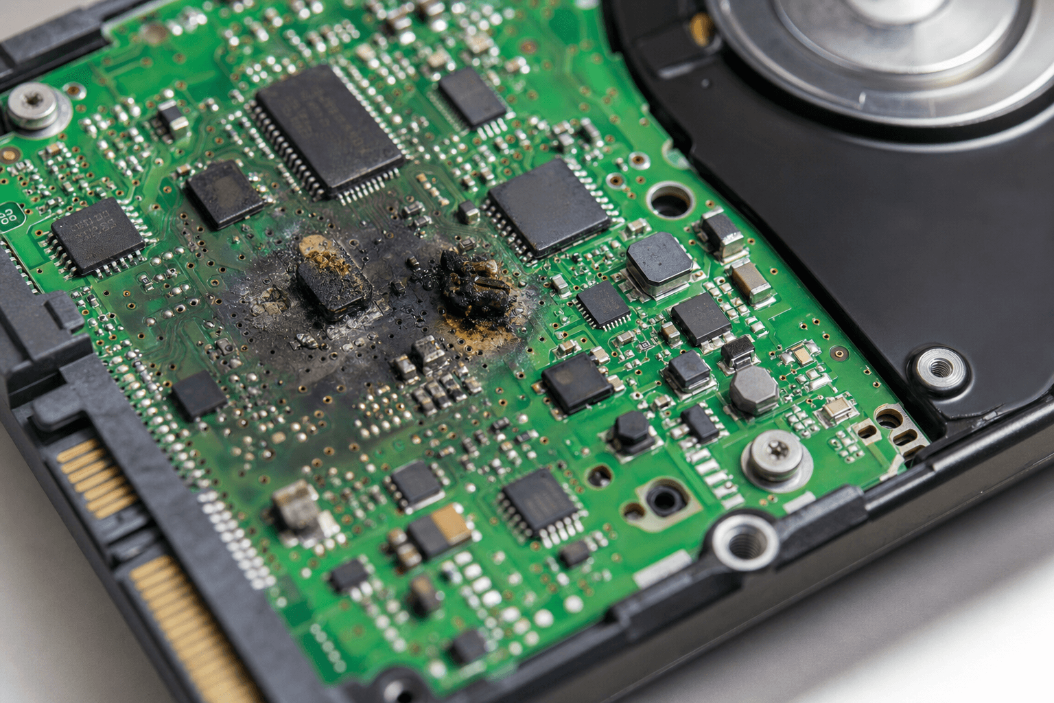 Close-up of hard drive circuit board with burnt component
