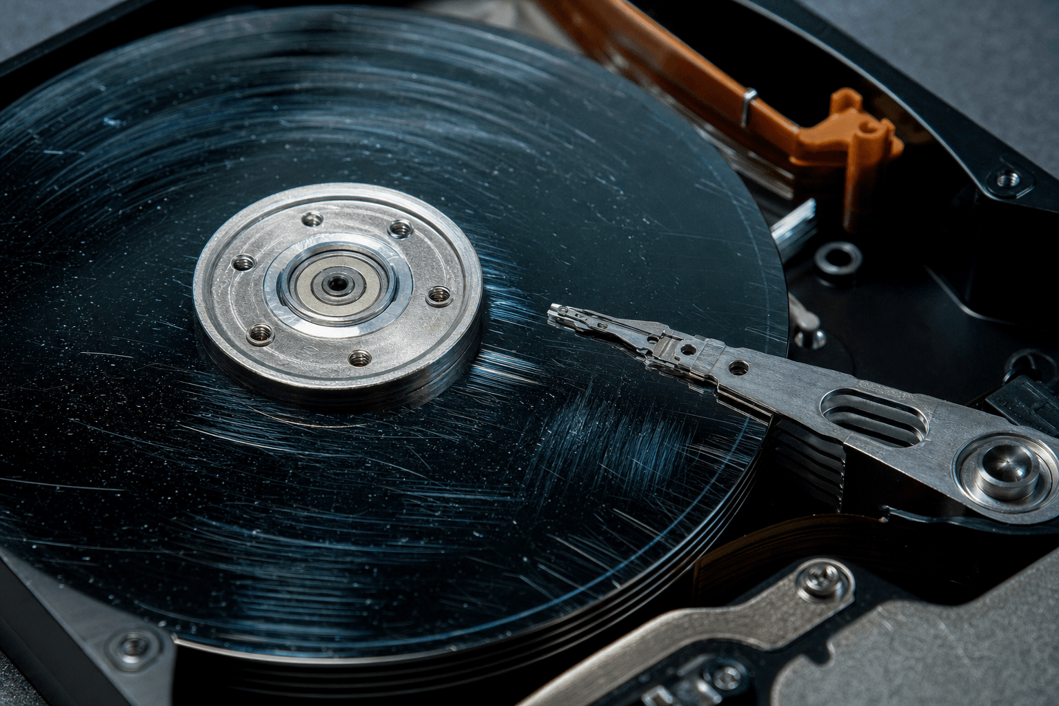 Hard drive platters showing scratch damage from head crash