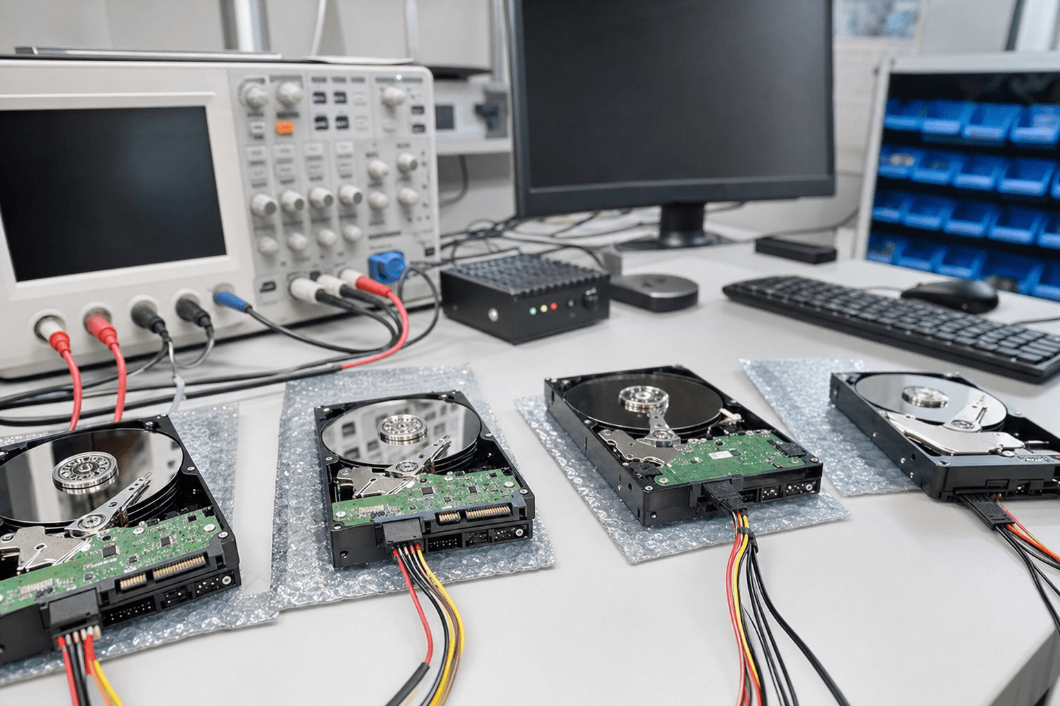 Multiple hard drives on diagnostic bench with testing equipment