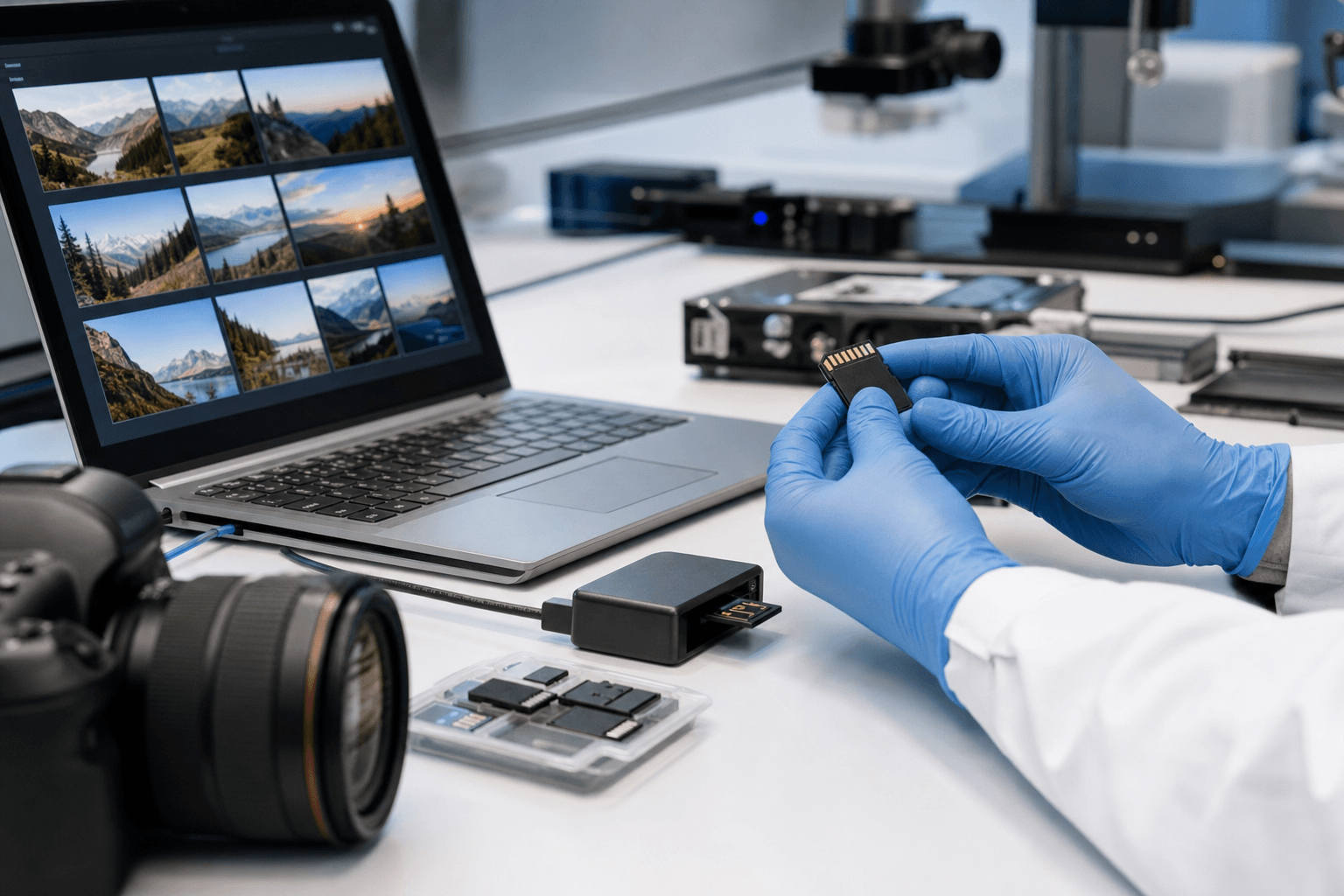 Formatted SD card with recovered photos concept illustration showing camera memory card data recovery process