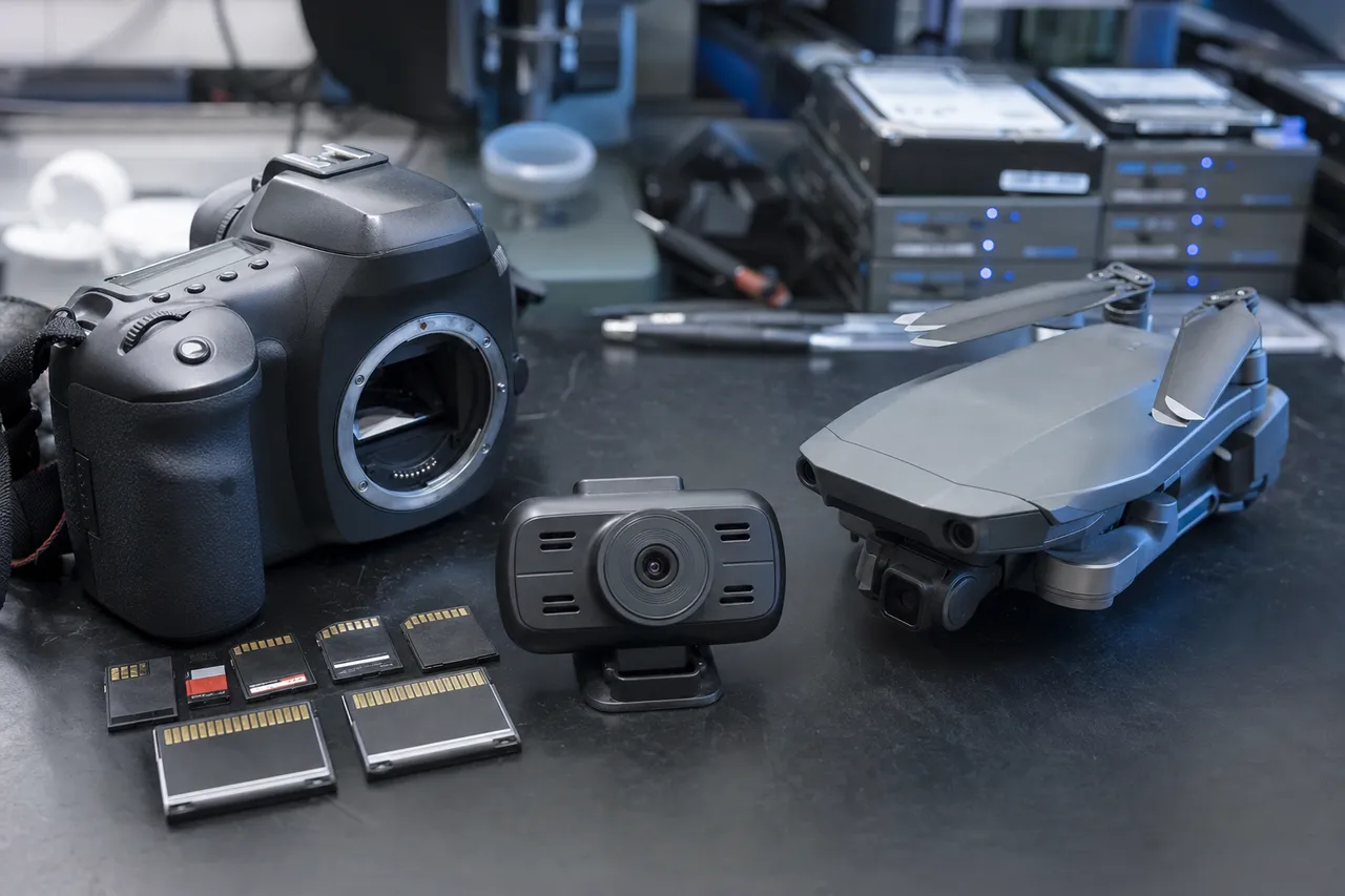 A DSLR camera, dashcam, folding drone and several memory cards laid out for data recovery