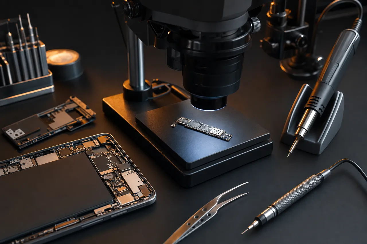 Cell phone data recovery - smartphone logic board under a microscope during board-level micro-soldering