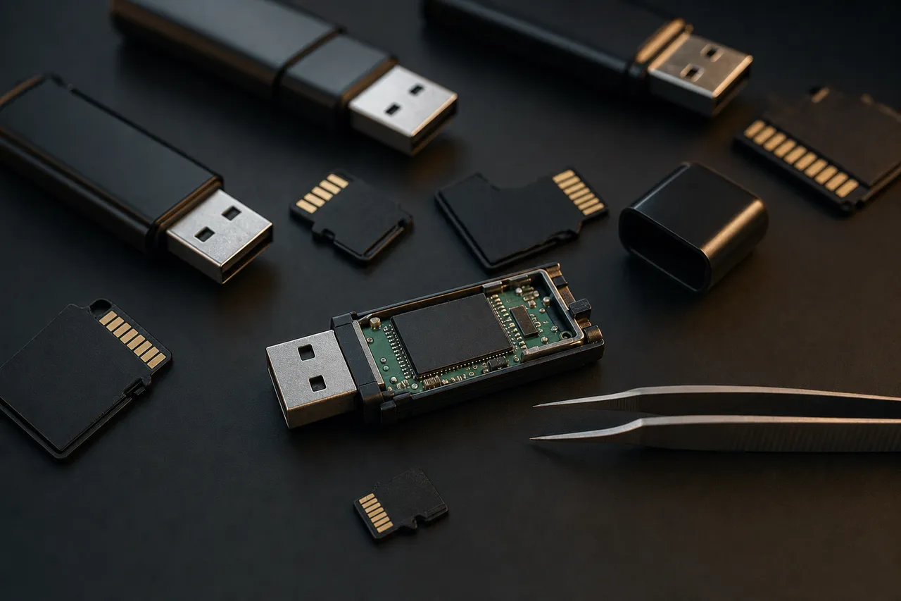 Full-size SD, microSD and USB flash storage arranged on a dark lab bench with tweezers