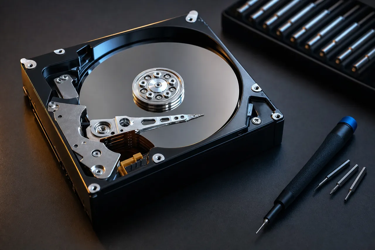 Open Toshiba 3.5-inch hard drive showing platters and actuator arm beside a precision tool kit