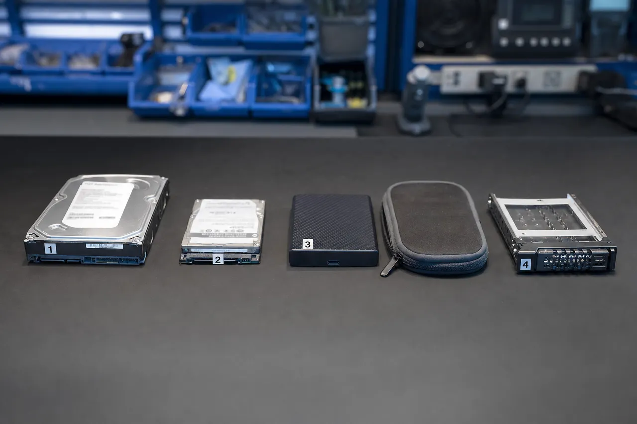 A lineup of Seagate-style internal and portable hard drives staged on the data recovery bench, from 3.5-inch desktop to 2.5-inch and external models