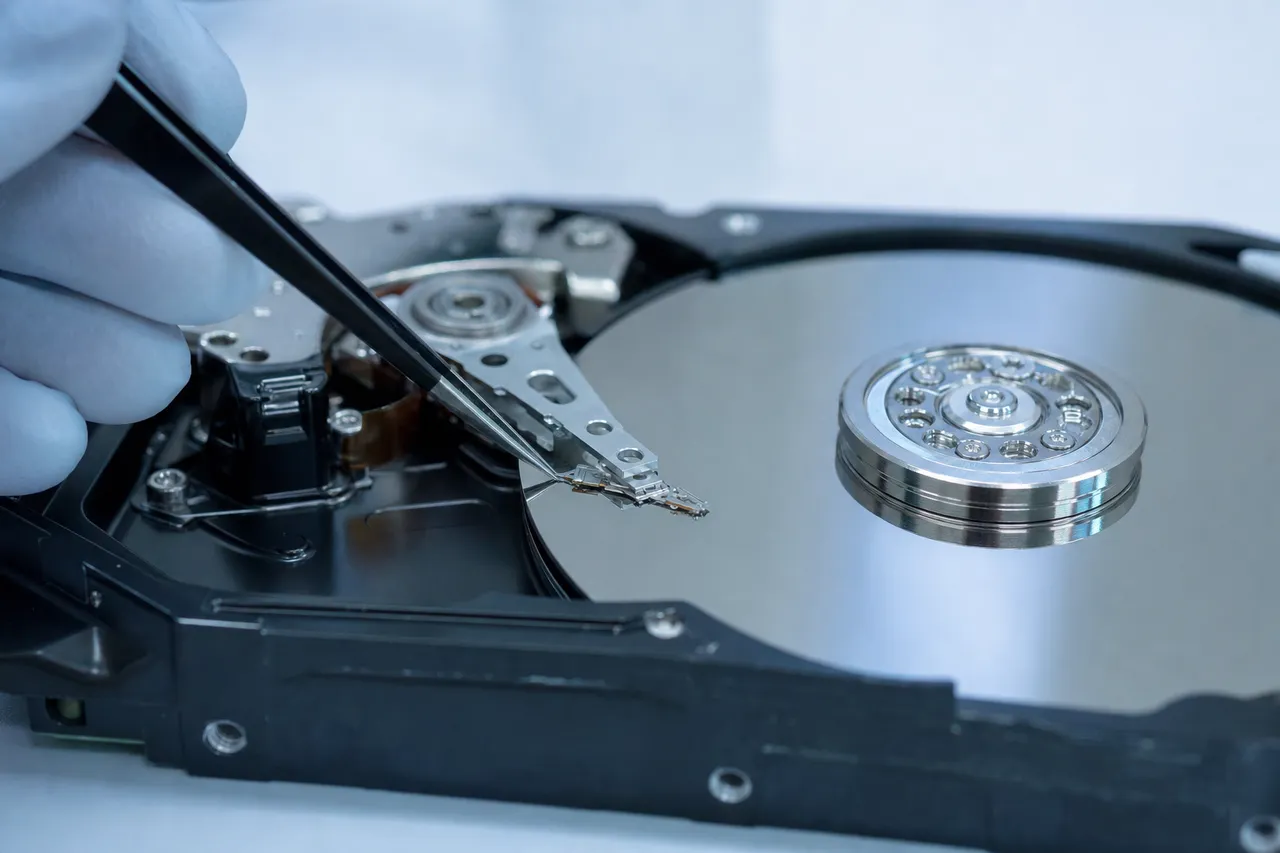 A gloved technician using tweezers to lift the read/write head assembly off the mirrored platter of an open Seagate hard drive during a clean room head swap