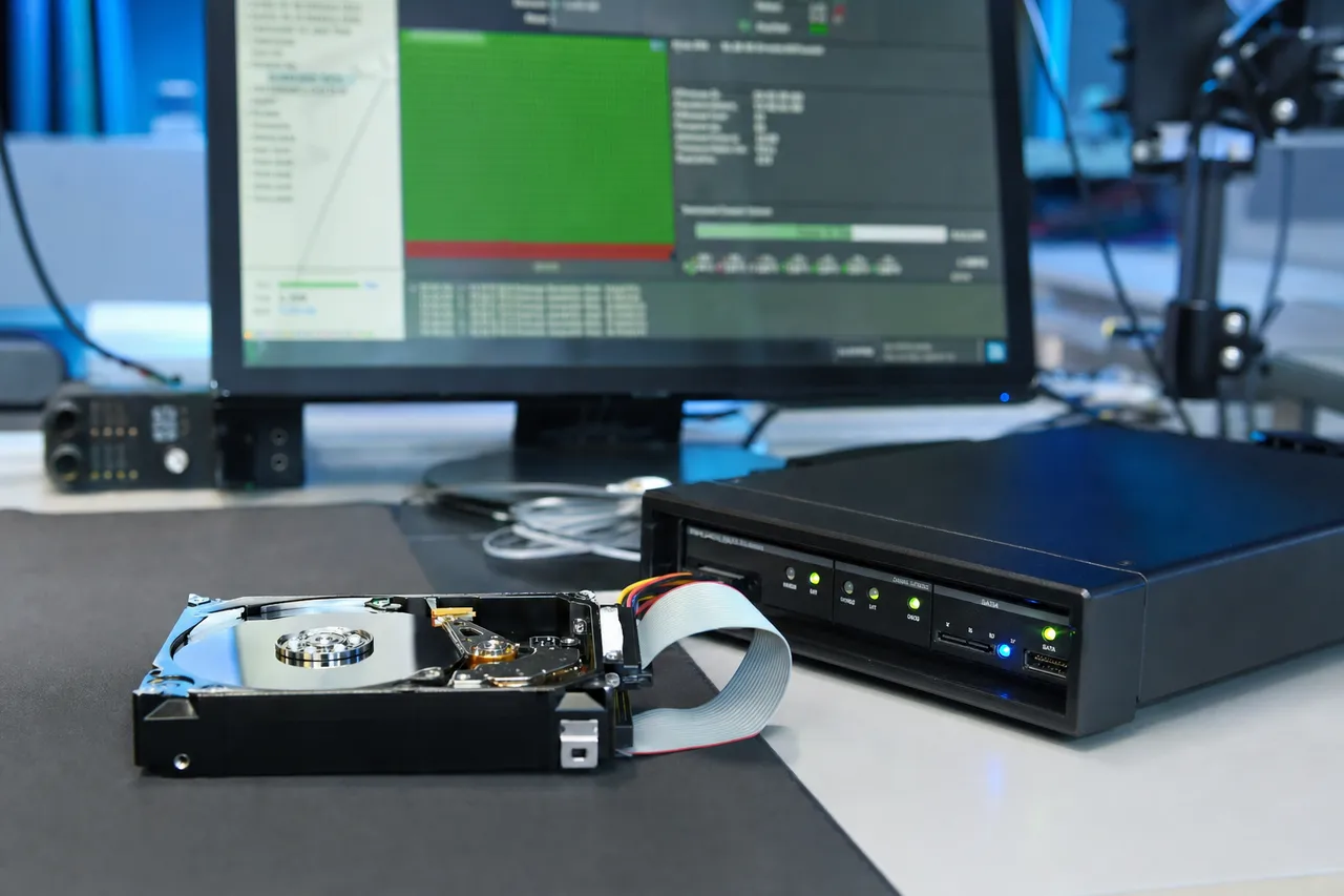 A Seagate hard drive connected to a hardware imaging station whose screen shows a sector map of good and bad blocks during a multi-pass read