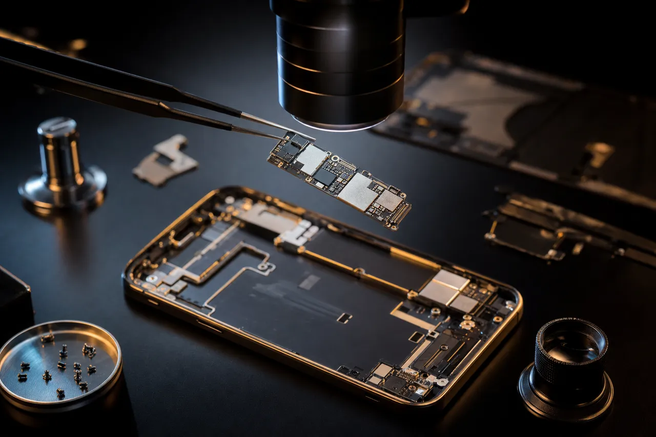 A smartphone logic board under a microscope on a microsoldering bench, illustrating board-level mobile data recovery.