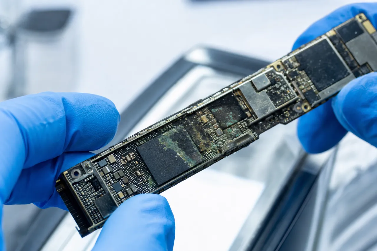 A liquid-damaged phone logic board showing green and white corrosion held under inspection in the MDrepairs lab
