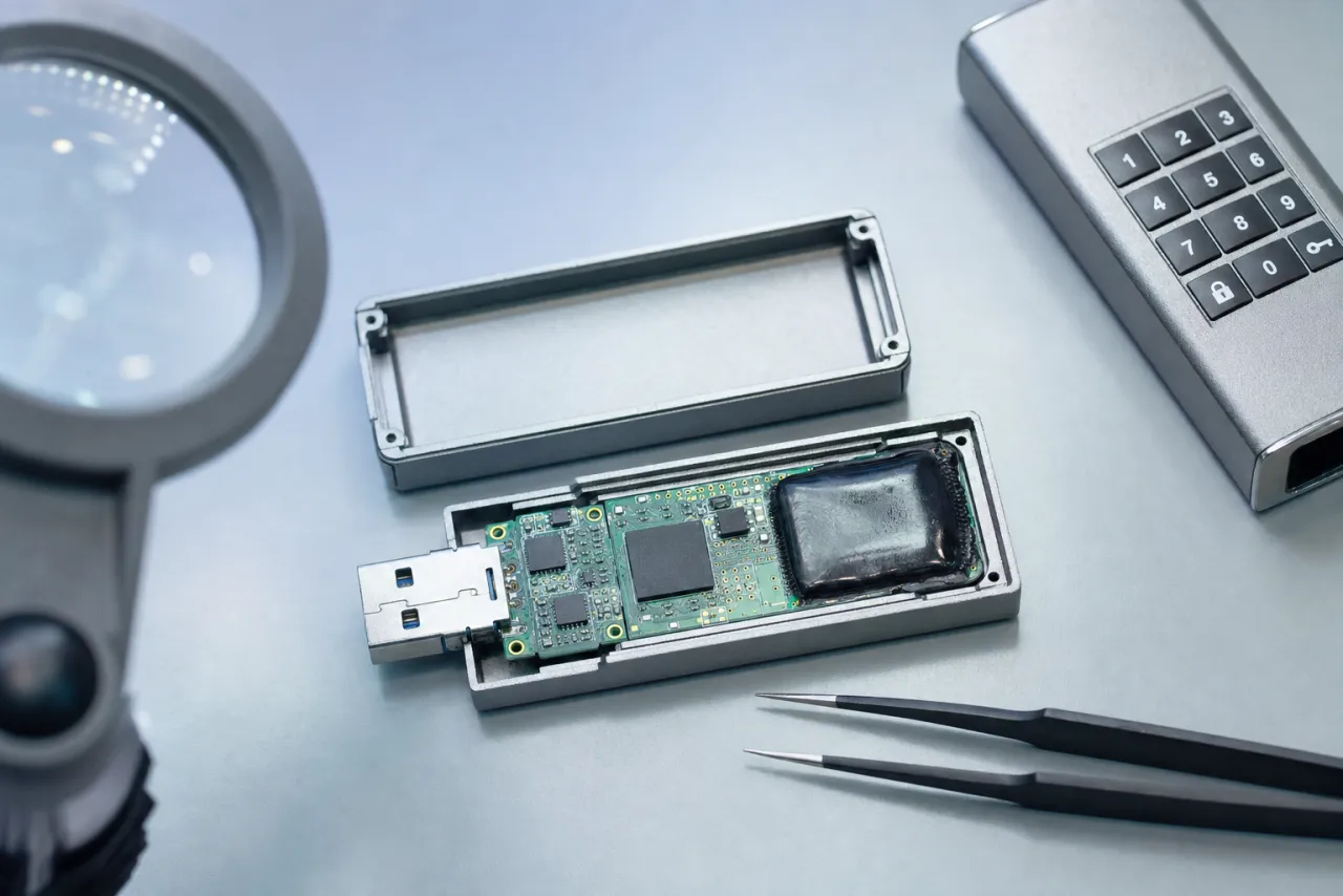A hardware-encrypted USB drive opened from its metal housing to show the controller board, beside a keypad-secured encrypted drive, a magnifier and tweezers