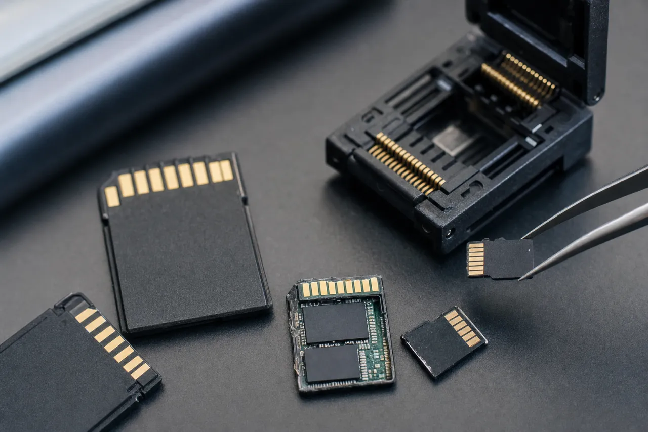 Several SD cards beside an opened card and a NAND reader socket on a dark recovery bench