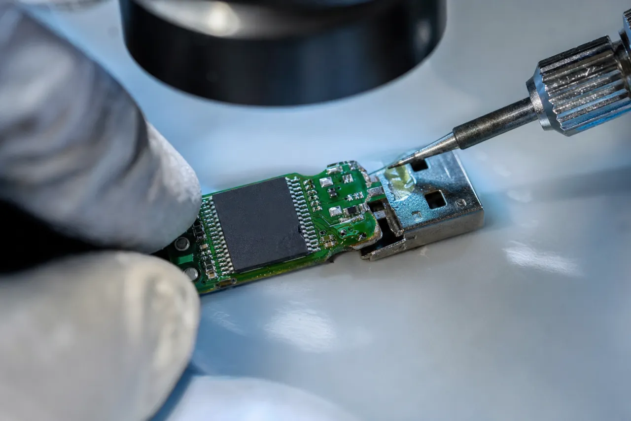A USB flash drive circuit board under a microscope with a fine probe at the USB-A connector and the exposed NAND chip on the board