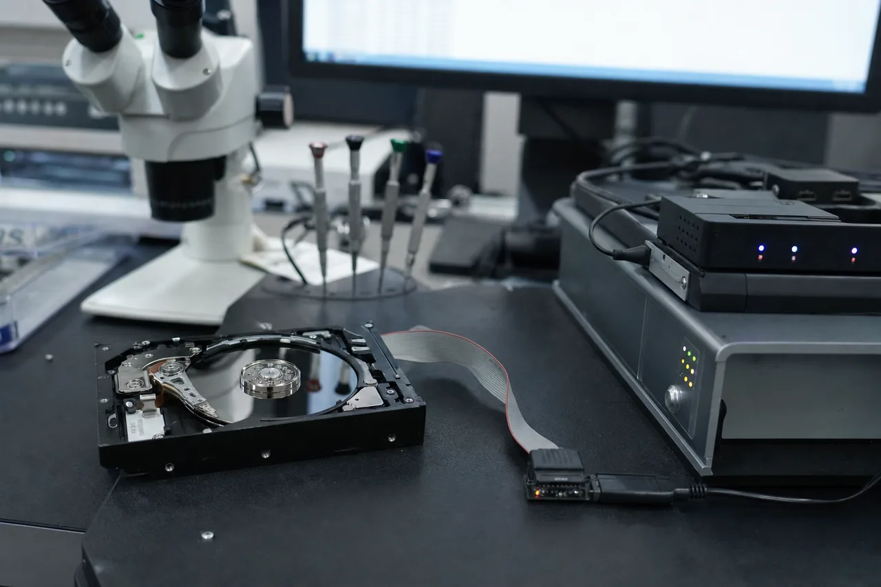 An open Seagate Barracuda hard drive connected to a PC-3000 imaging system under a stereo microscope in the MDrepairs lab