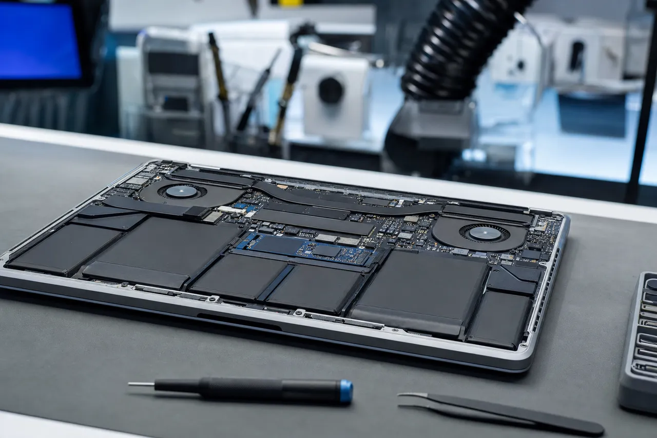 An open MacBook on a clean repair bench with the bottom panel removed, exposing the logic board, battery and internal storage for board-level data recovery