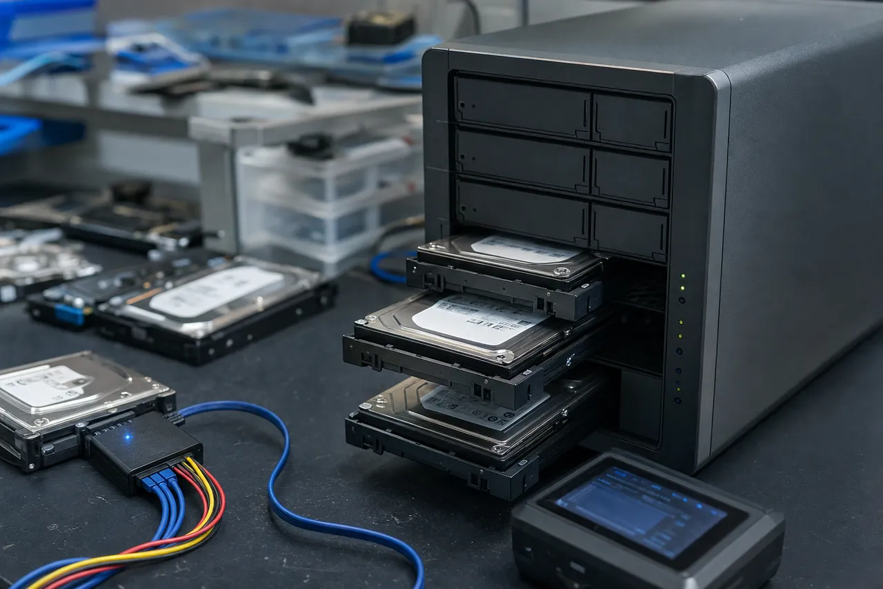 A multi-bay NAS enclosure on a workbench with several Seagate IronWolf hard drives pulled from their caddies, connected for multi-drive RAID recovery