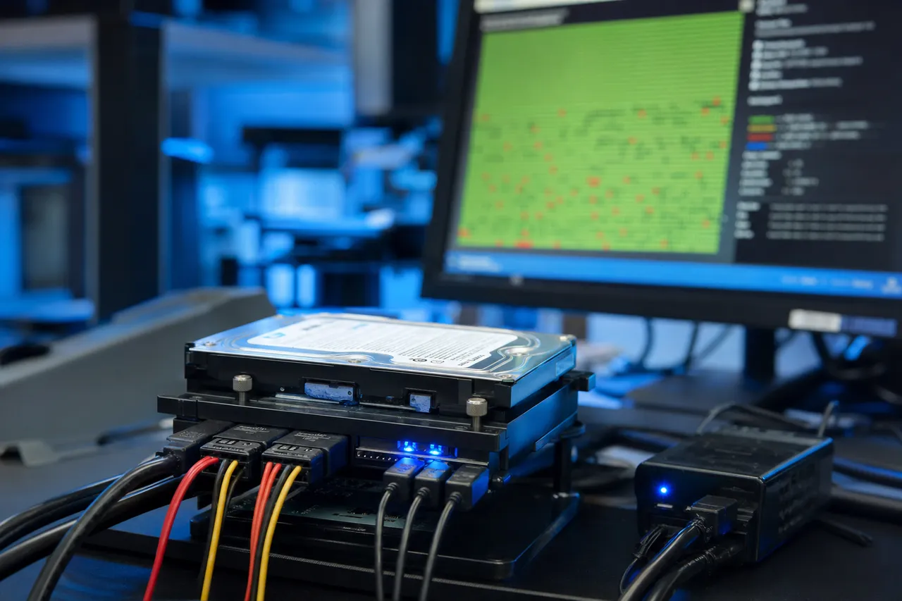 A hard drive mounted in a professional disk imaging station with a write-blocker, a monitor behind it showing an abstract sector-by-sector imaging progress visualization.