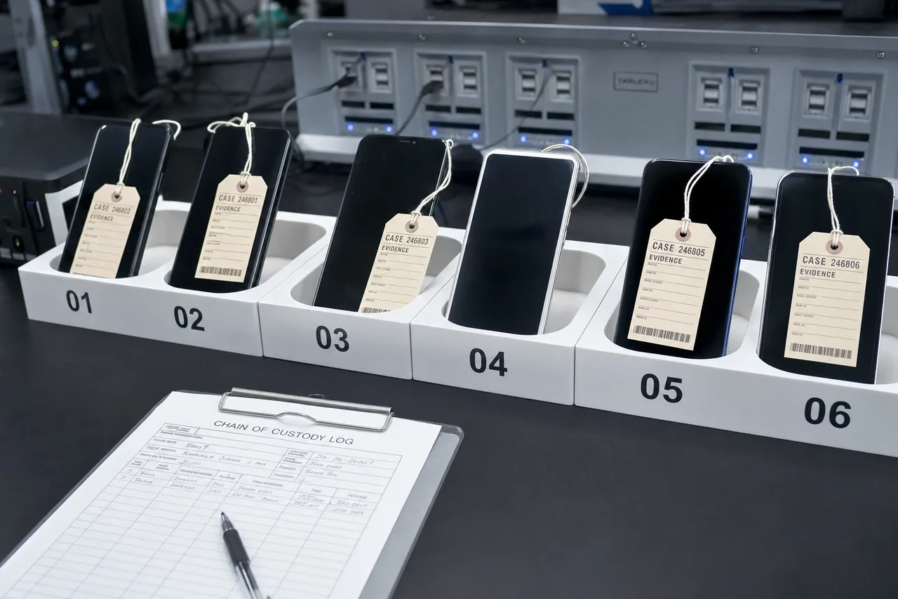 A fleet of business smartphones tagged and logged for individual data-recovery cases on a secure bench in the MDrepairs Lincroft, NJ lab