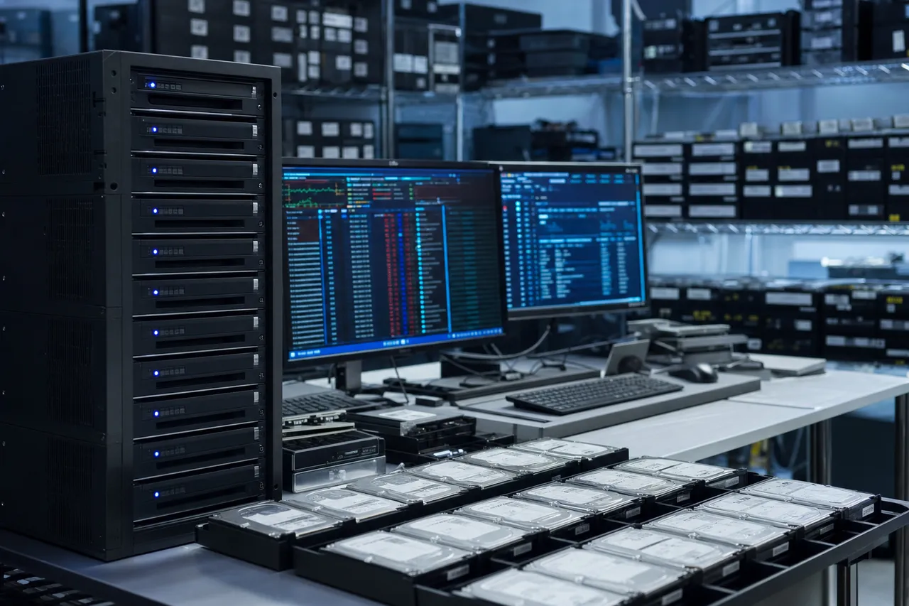A professional enterprise data recovery lab with a rack of servers, shelves of labeled enterprise drives, and monitors showing drive diagnostics