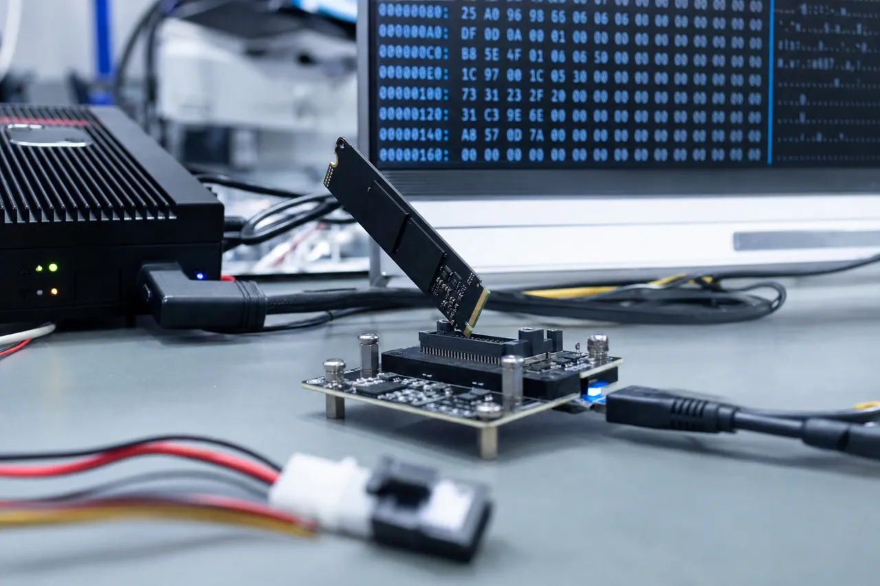 M.2 SSD in a chip-reading fixture with a hex dump on the screen behind it.