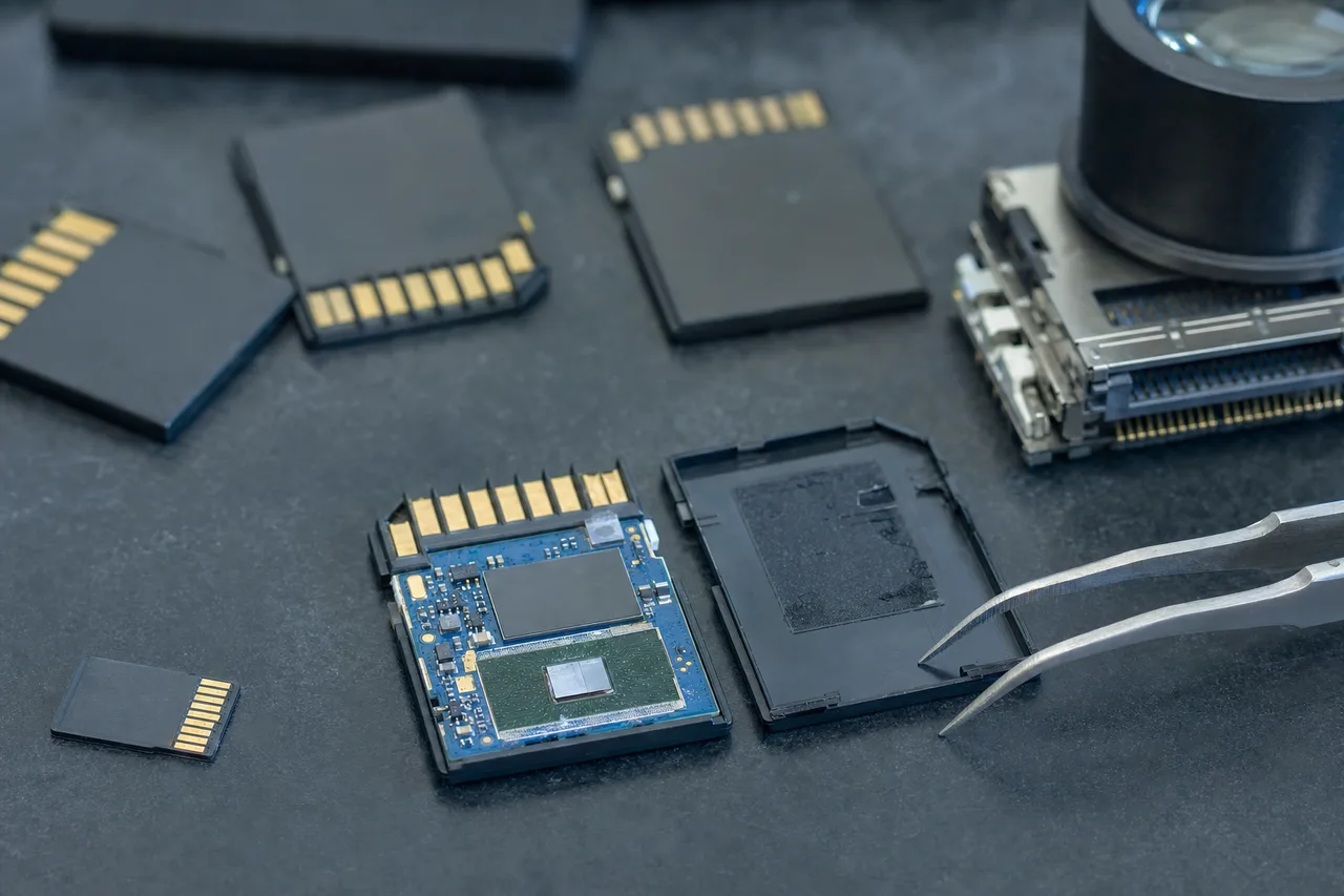 An SD card opened to expose its controller and NAND flash under a magnifier loupe on a bench