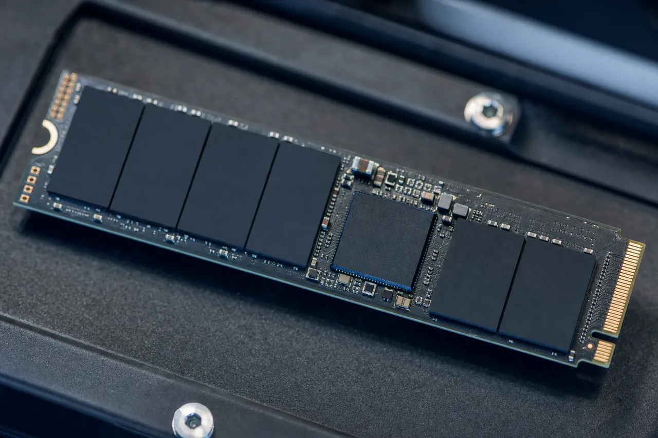 Macro view of the NAND flash memory chips and controller inside an opened M.2 NVMe solid state drive