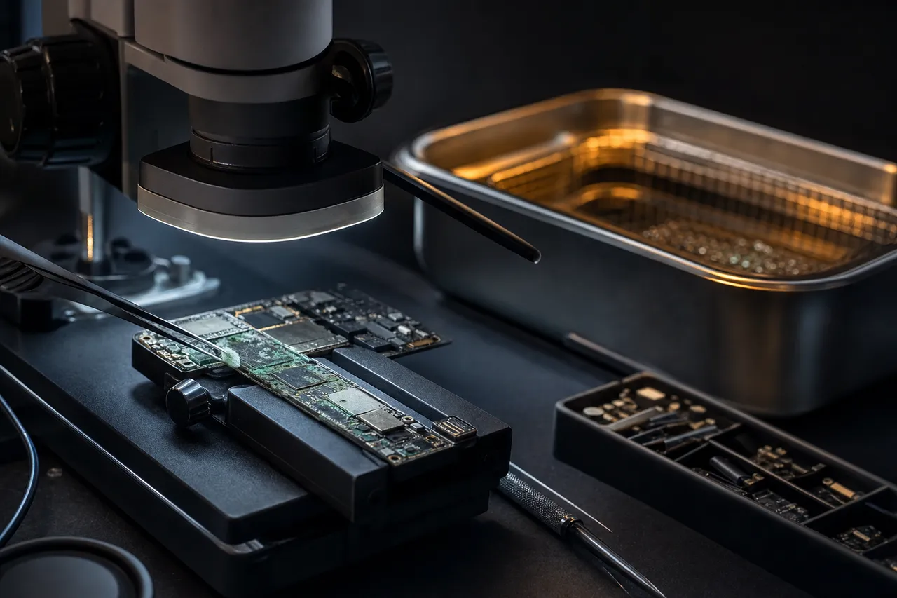 A corroded circuit board inspected under a microscope beside an ultrasonic cleaning bath